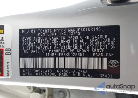 2019 Toyota Avalon Limited z USA, uszkodzony, nr VIN 4T1BZ1FB8KU029654